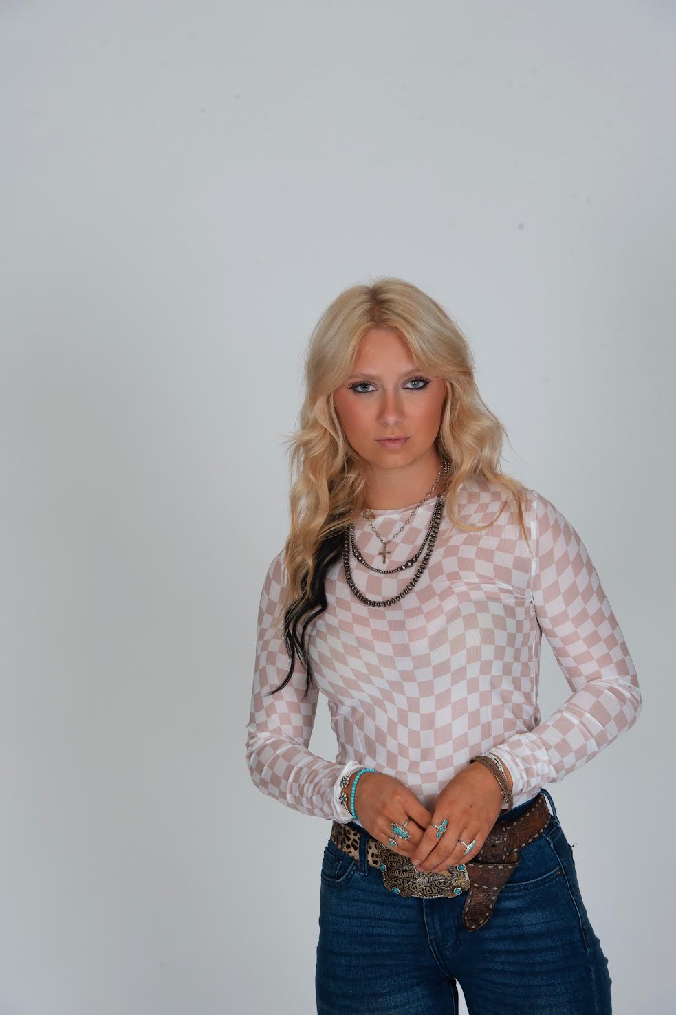 Peach Checkered Mesh Long Sleeve