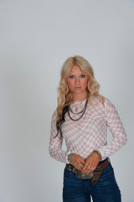 Peach Checkered Mesh Long Sleeve