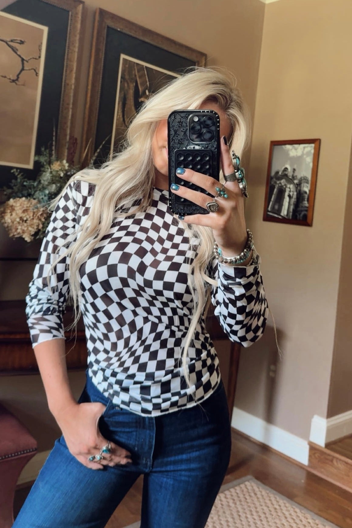 Black Checkered Mesh Long Sleeve
