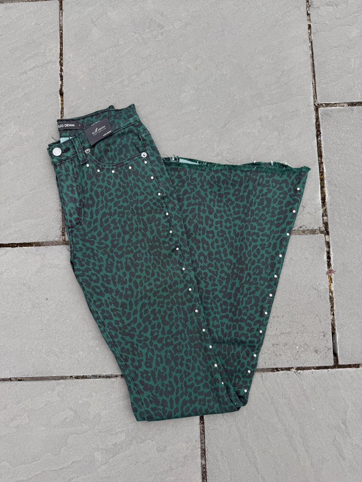 Studded Leopard Bell Bottom Jean