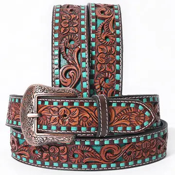 Teal Hand Carved Western Belt
