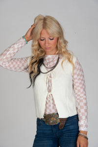 Peach Checkered Mesh Long Sleeve