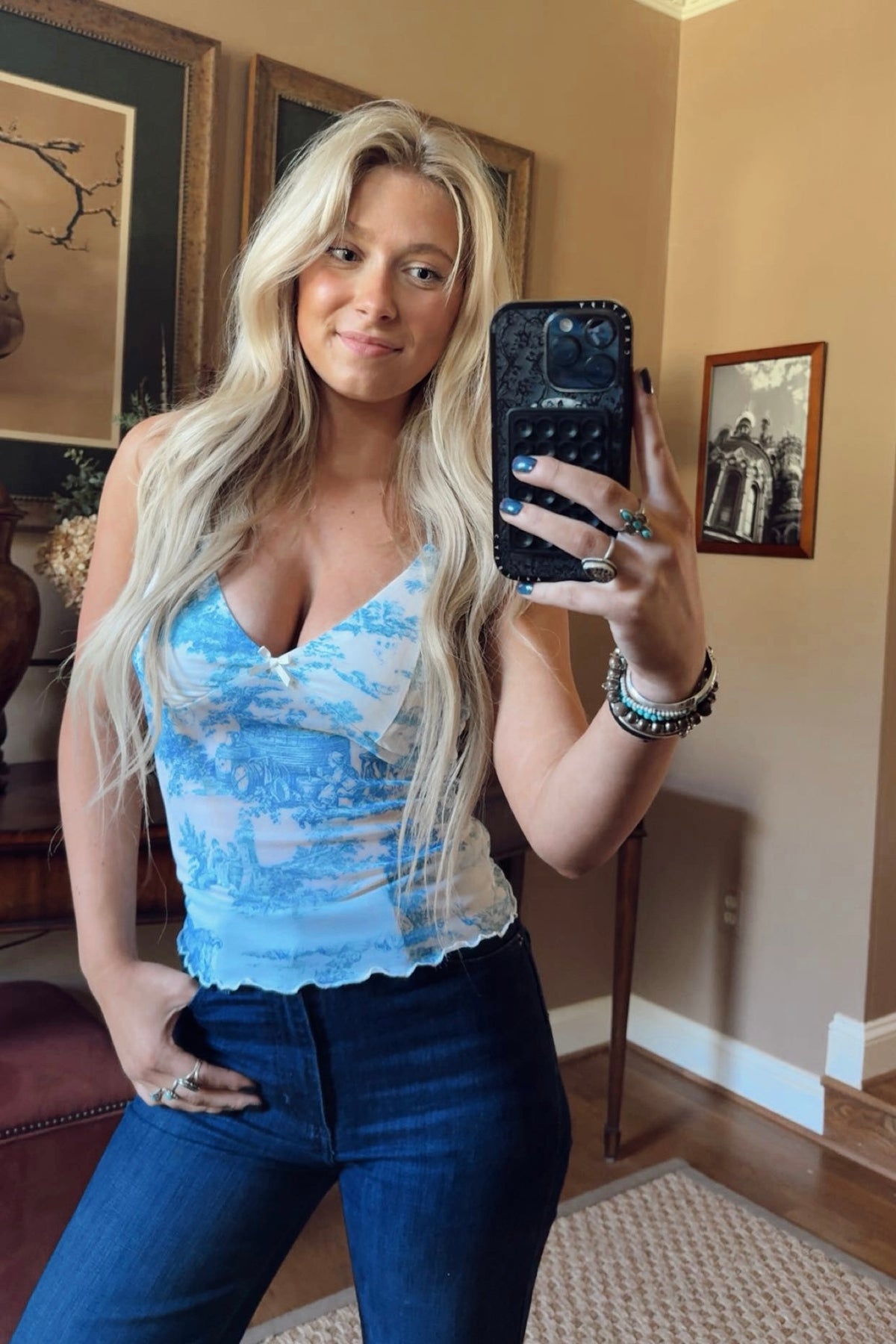 Blue Mesh Halter Tank Top