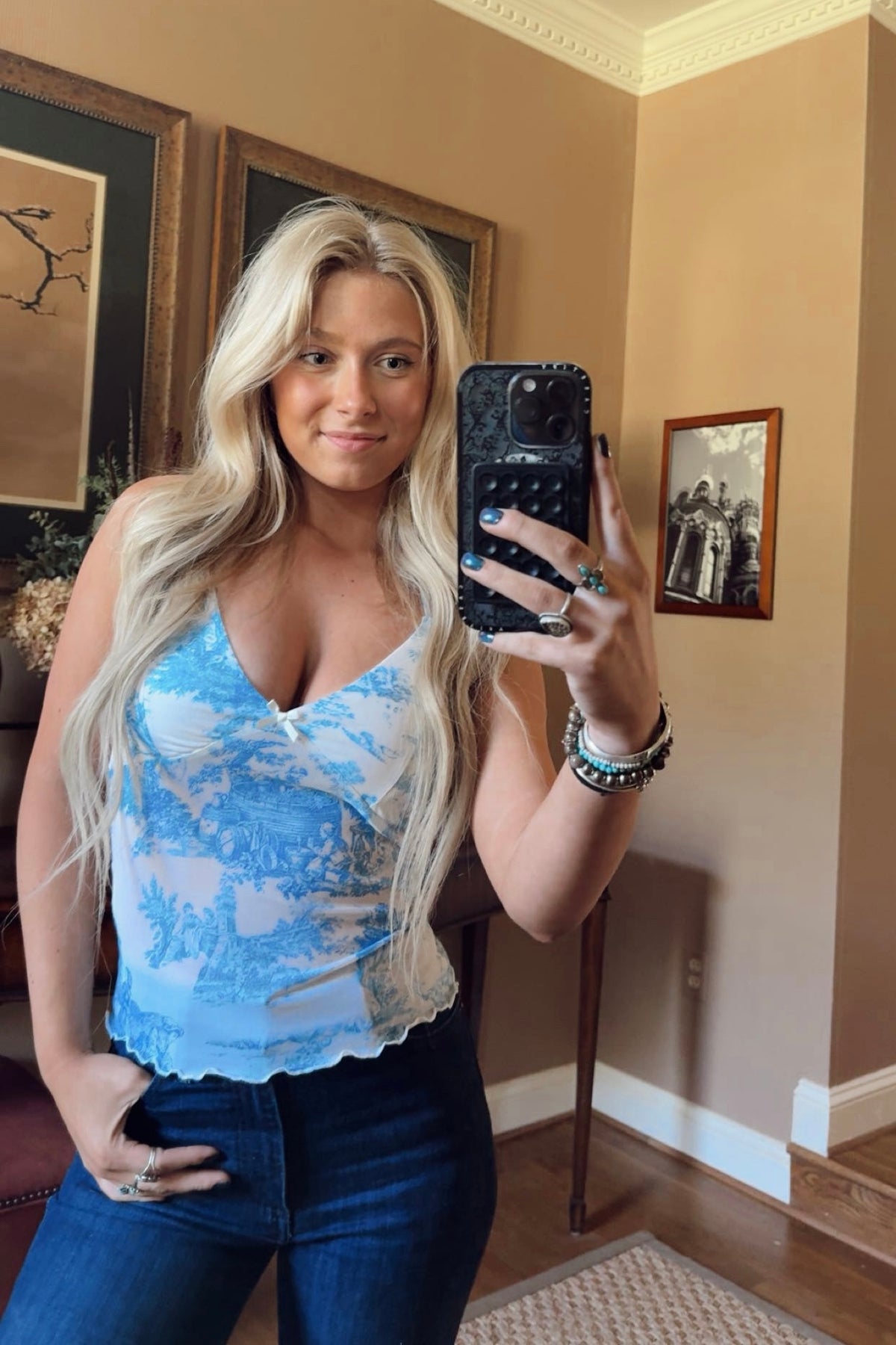 Blue Mesh Halter Tank Top