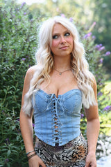 Light Stone Wash Denim Front Tie Corset Top