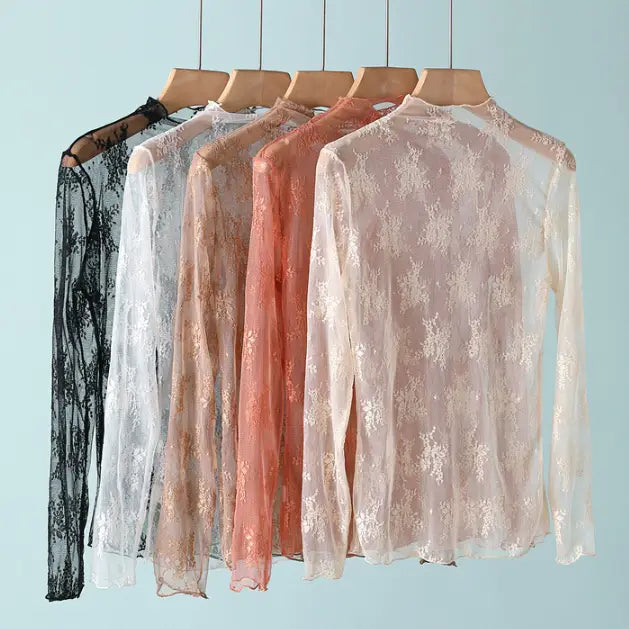 Black Floral Lace Sheer Mesh Layering See Through Top